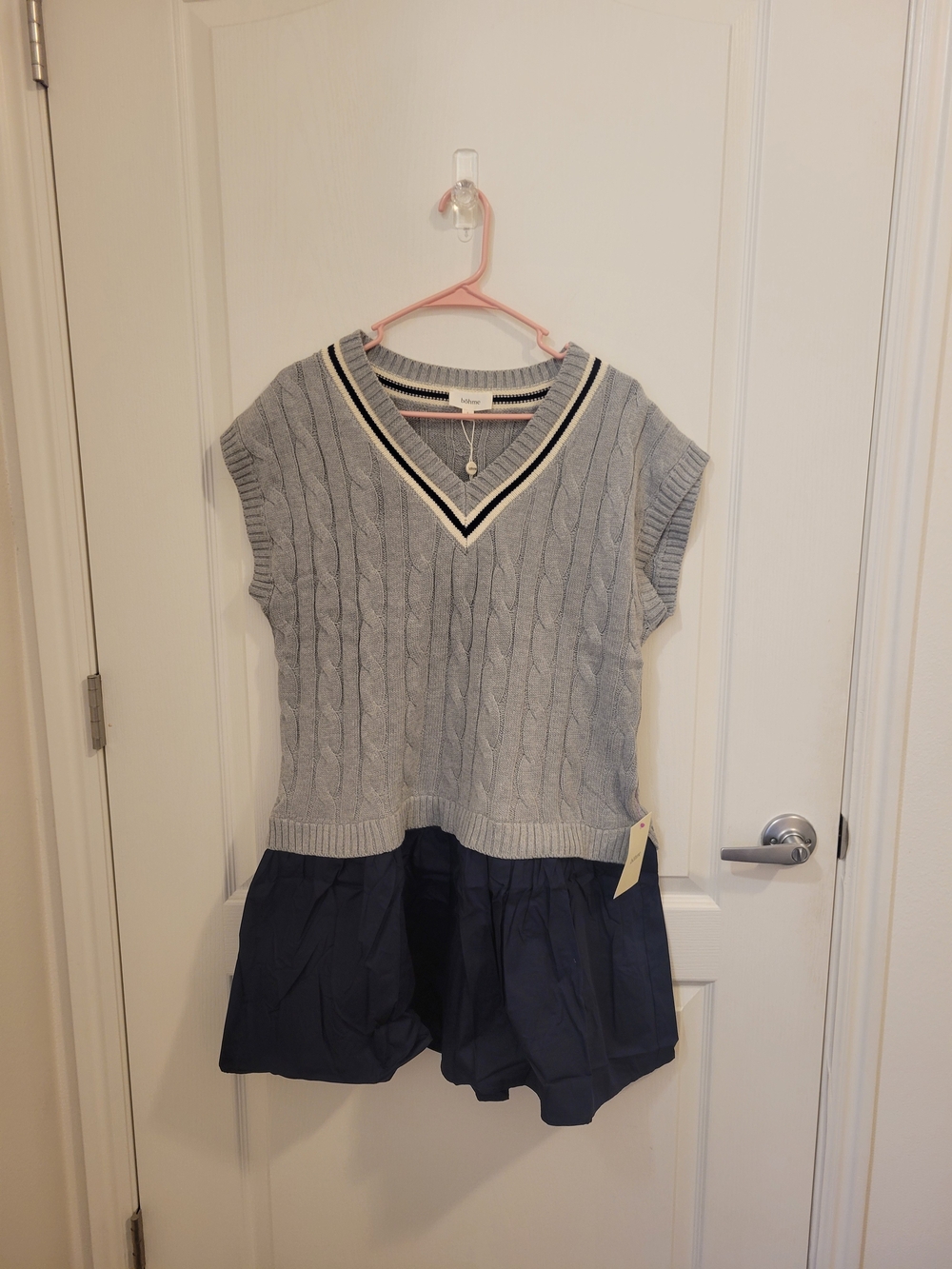 bohme Light Gray Cable Knit V-Neck Mini Dress with Navy Skirt